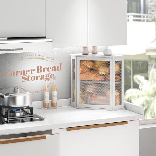 Corner Bread Box Kitchen Countertop Extra Large Capacity Farmhouse Bread Box (White / 12.6" x 12.6" x 16.5")