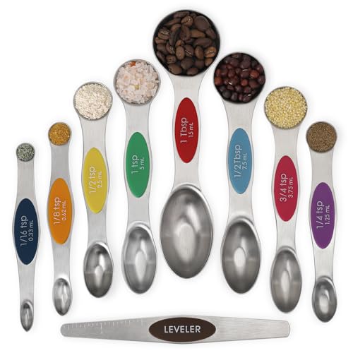 Magnetic Measuring Spoons Set of 9 Stackable Dual Sided Teaspoon Tablespoon Stainless Steel Nesting Measuring Spoon for Measuring Dry and Liquid Ingredients Fits in Spice Jars