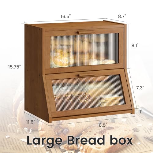Double Layer Bamboo Bread Box for Kitchen Counter (Brown / Extra Large)