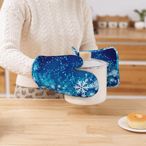 Oven Mitts and Pot Holders Blue Snowflake Winter Christmas Silicone Kitchen Accessories Set of 4 Heat Resistant Long Gloves Potholder Non (A063218)