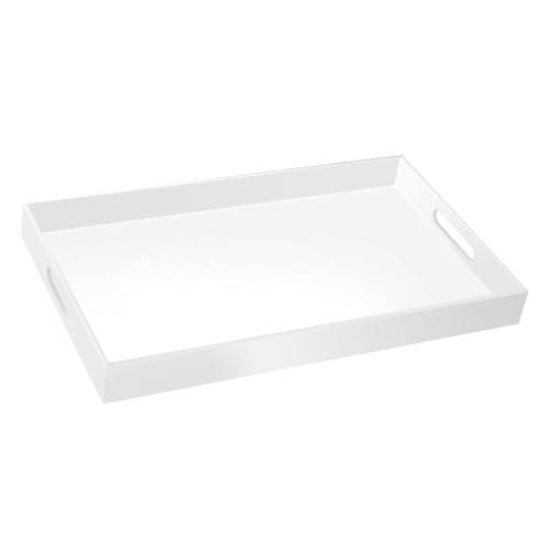 18×16 Inch Glossy White Acrylic Serving Tray with Handles Extra Large Ottoman Tray Decorative Tray Spill (Glossy White / 18" x 16" x 2")