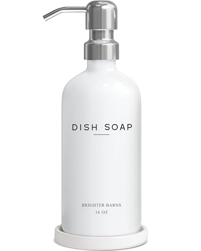 White Glass Dish Soap Dispenser for Kitchen Sink by Brighter Barns (Silver D)