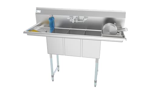 3 Compartment Stainless Steel NSF Commercial Kitchen Sink with Faucet and Cross braced Legs (2 Drainboards W/ Faucet)