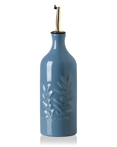 Sweejar Ceramic Olive Oil Dispenser Bottle 20 Oz Relief Opaque Oil Cruet Protects To Reduce Oxidation Suitable for Storage Vinegar (Fog Blue / 20 oz (Gold Spout), Set of 1)