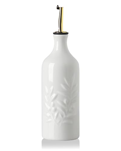Sweejar Ceramic Olive Oil Dispenser Bottle 20 Oz Relief Opaque Oil Cruet Protects To Reduce Oxidation Suitable for Storage Vinegar (White / 20 oz (Gold Spout), Set of 1)