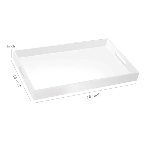 18×16 Inch Glossy White Acrylic Serving Tray with Handles Extra Large Ottoman Tray Decorative Tray Spill (Glossy White / 18" x 16" x 2")
