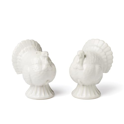French Perle White Carved Turkey Ceramic Salt and Pepper Shakers Set (Turkey Salt & Pepper Shakers / White)
