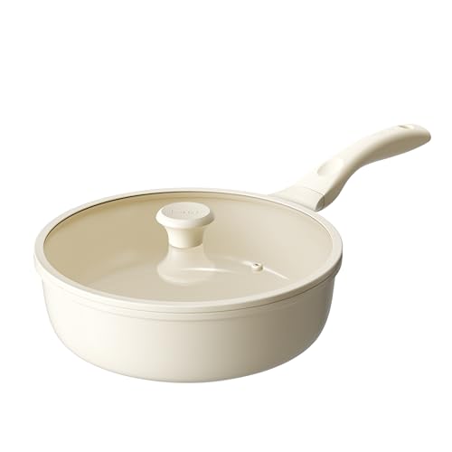 Nonstick Deep Frying Pan with Lid (Beige / 10inch Saute Pan With Lid)