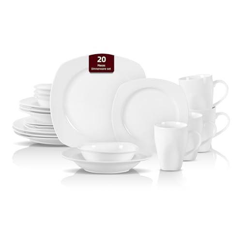 HomeVss New Bone China Dinnerware Set (Square Coupe / Service for 4 - 20pc Set)