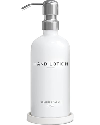 White Glass Lotion Dispenser with Pump Bathroom Set by Brighter Barns (Silver L)