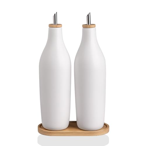 Sweejar Matte Ceramic Olive Oil Dispenser Bottles with Bamboo Tray (White & Tary / 17 Oz (Pack of 2))