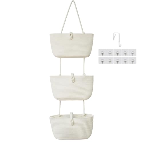 3 Tier Hanging Baskets for Storage with Pearl Button Strap (White / 3 tier+Pearl Button)