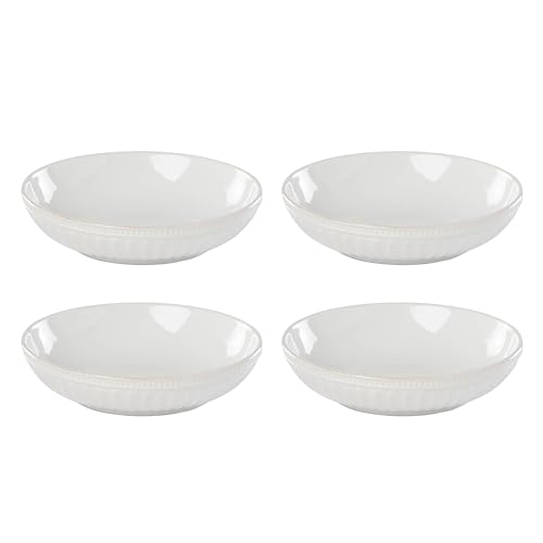 French Perle Groove White Stoneware Pasta Bowl Set for 4 (Pasta Bowls, Set of 4)
