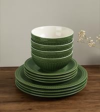 Ceramic Plates and Bowls Sets (Dark Green / Service for 8)