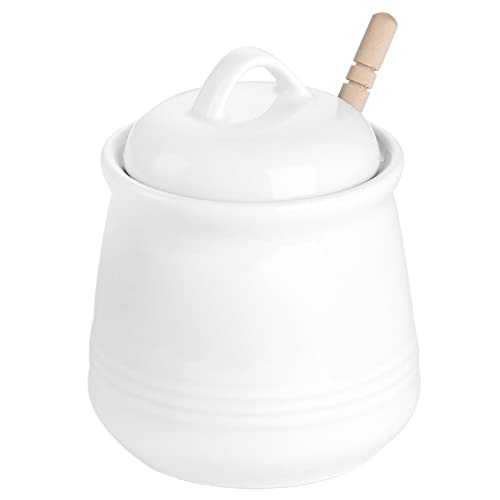 Ceramic Honey pot with Lid and Honey Dipper (White)