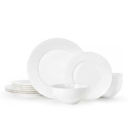 12Pcs Hammered Rim White Bone China Set (White-hammered / service for 4-12pcs)