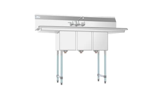 3 Compartment Stainless Steel NSF Commercial Kitchen Sink with Faucet and Cross braced Legs (2 Drainboards W/ Faucet)