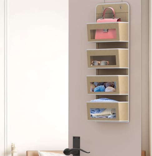 4 Clear Window Pocket Over Door Hanging Organizer (4 Pockets / Beige)