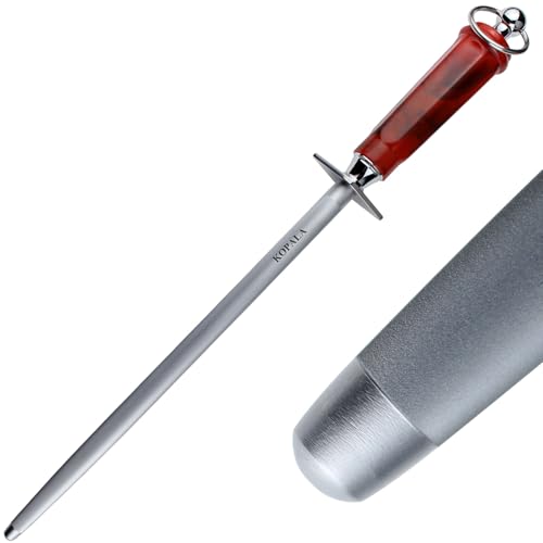 Sharpening Steel Knife Sharpener Rod Round 10 IN Honing Steel for Knife (Round 10 inches Red)