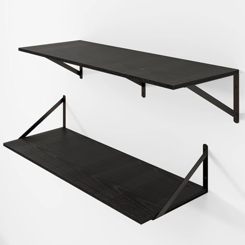 32W x 12D Deep Floating Shelves Set of 2 Black (Black With Black Metal Bracket / 32Wx12Dx5.8H)