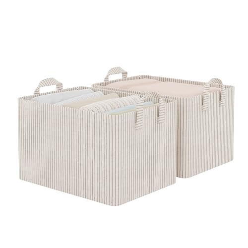 Fabric Storage Bins (Khaki and Beige Stripes / 16 ½" L x 12" W x 10 ¼" H)