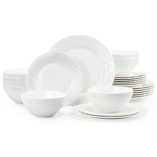 24Pcs Vintage Relief White Bone China Set (White-Retro Embossed / service for 8-24pcs)