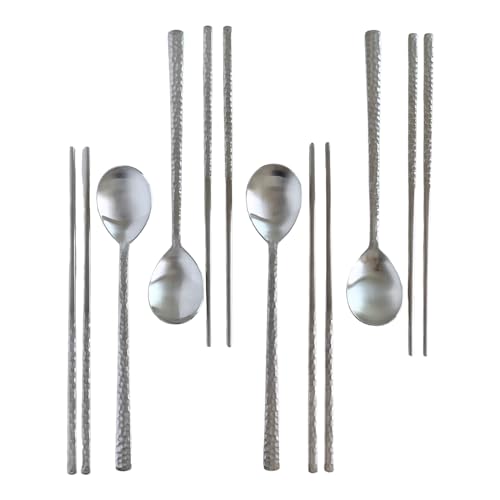 Korean Made Silver Glossy Hammered Stainless Steel Korean Spoon & Chopstick SET Gift for Mom Stocking Stuffer (4SET)