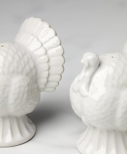 French Perle White Carved Turkey Ceramic Salt and Pepper Shakers Set (Turkey Salt & Pepper Shakers / White)