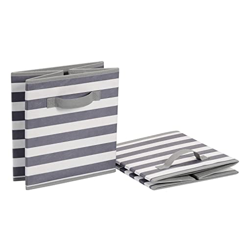 Collapsible Fabric Storage Bins with Handles (White/ Light Grey Stripe / 13"x13"x13")