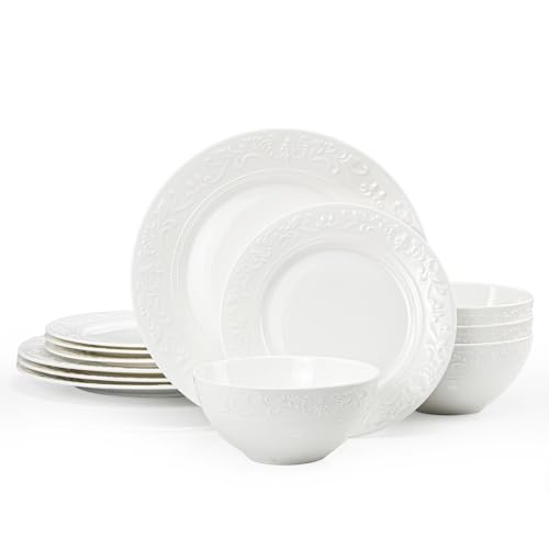 12Pcs Vintage Relief White Bone China Set (White-Retro Embossed / service for 4-12pcs)