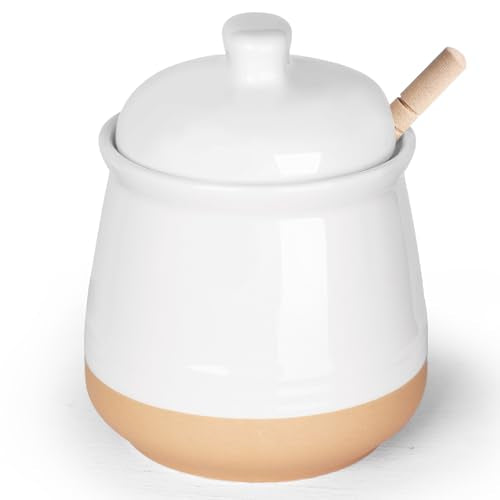 Honey jar with Lid and Wooden Dipper (White)
