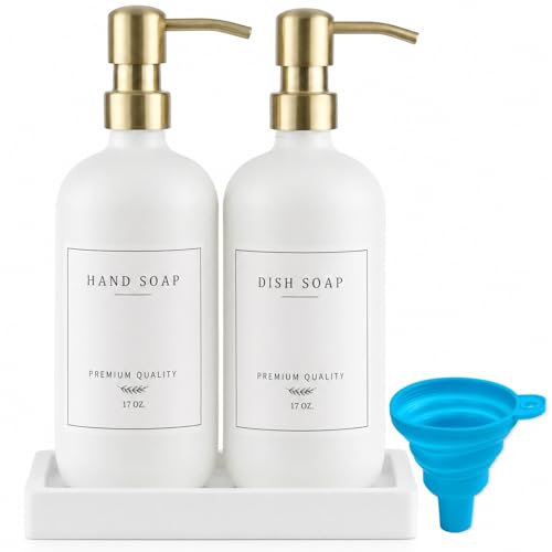 Thick Glass Soap Dispenser (White Bottle/Gold Pump + Tray + Funnel)