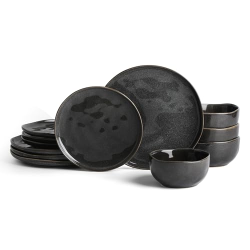 Mirella 12 Piece Stoneware Round Kitchen Dinnerware Set with Plates and Bowls (Charcoal / 12-Piece - Service for 4)