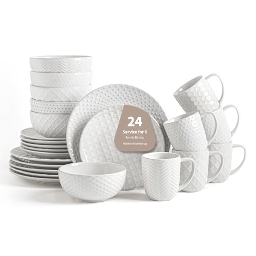 24 Piece Ceramic Dinnerware Set with Mugs (White-Mixed Embossment / Service for 6-24Pcs (with Mugs))