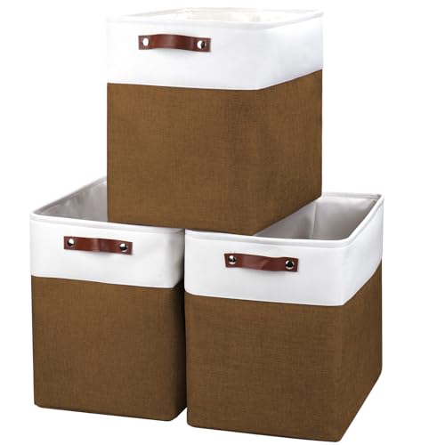 Large Fabric Storage Baskets (Brown / Off-White / Extra Large -17"x12"x15")