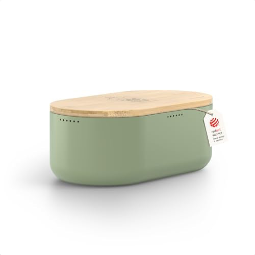 Bread Box I Metal Box for long lasting freshness I Bread Bin with bamboo lid usable as cutting board I 13.8x7.7x5.3 In