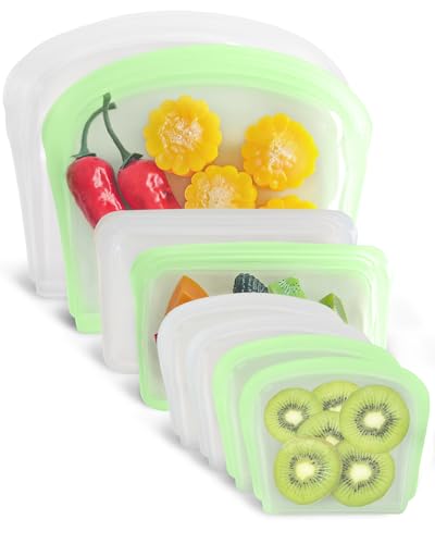 8 Pack Seal Top Silicone Food Storage Bags Microwave Oven Safe (8P Flat - Clear & Mint Green / ‎8Pcs- 4x7oz/ 2x14oz/ 2x28oz)