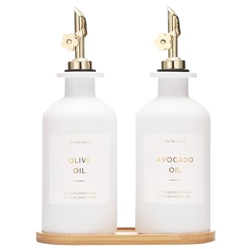 Olive Oil Dispenser for Kitchen (12oz-White&Gold Spout+Tray / 11.8 fl oz)