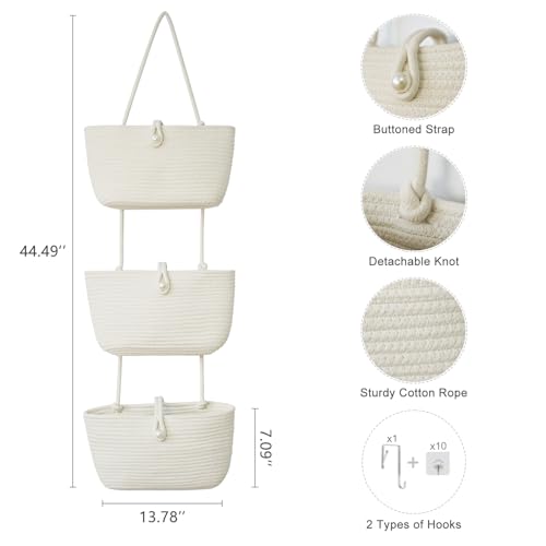 3 Tier Hanging Baskets for Storage with Pearl Button Strap (White / 3 tier+Pearl Button)