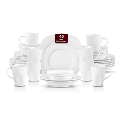 HomeVss New Bone China Dinnerware Set (Square Coupe / Service for 8 - 40pc Set)