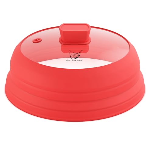 Microwave Splatter Cover Glass Splatter Guard Lid with Collapsible Silicone for Food Pot Plate Cover 10.8 inch Red (Red / 10.8 inch)