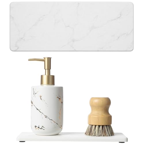 2PCS Water Absorbing Stone Drying Tray for Kitchen Counter & Bathroom Sink (2 Pack - Marble White / 9" x 3.5")