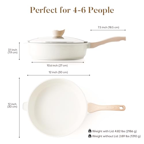 Nonstick Ceramic Deep Frying Pan Skillet with Lid (Cream Ceramic / 12 Inch)