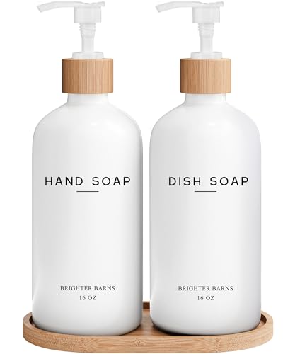 White Glass Hand and Dish Soap Dispenser Set by Brighter Barns (White Hd)
