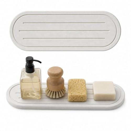 2PCS Water Absorbing Stone Drying Tray Mat for Bathroom Sink & Kitchen Counter Faucet Organizer Decor (2 Pack - Natural White / 10"x 3.8")