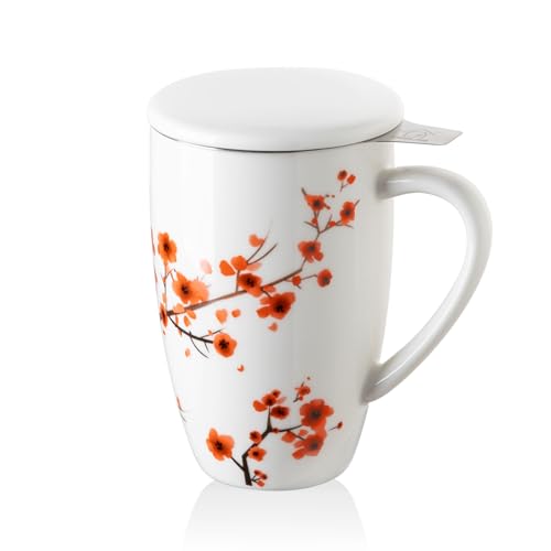 Sweejar Porcelain Tea Mug with Infuser and Lid (Plumblossom / Tea Cup(16 Fl Oz))
