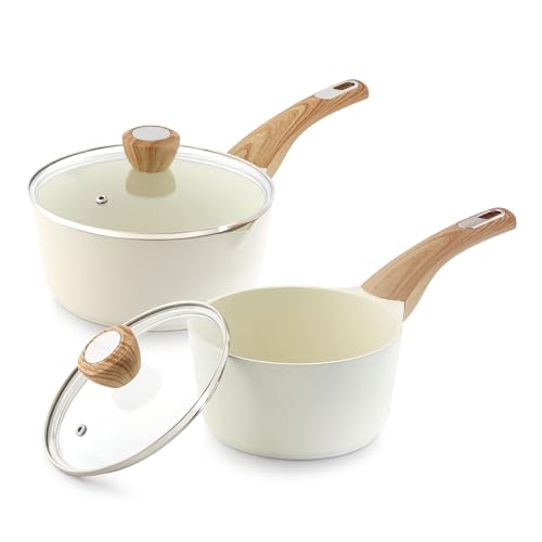 1.5 & 2.5 Quart Ceramic Sauce Pan Sets with Lid (Ceramic White / 1.5 + 2.5 Quarts)