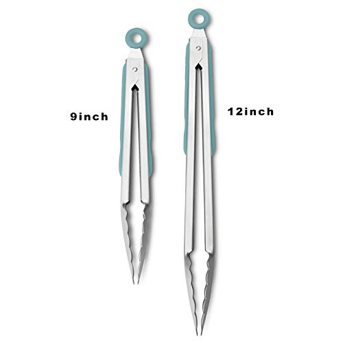 Premium 304 Stainless Steel Tongs Set (9" & 12" / Aqua Sky)