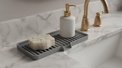 Silicone Soap Dish Tray and Sponge Holder with Drain Chute (Vanilla Cream / (MD) 9"x3.5")