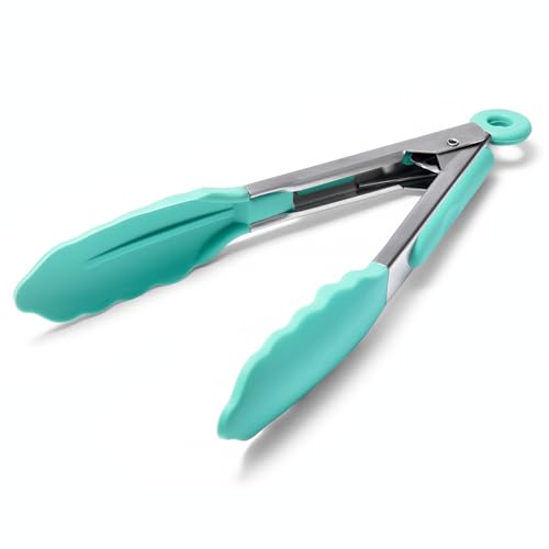 Kitchen Tongs with Silicone Tips for Cooking Serving (7in / Aqua Sky)